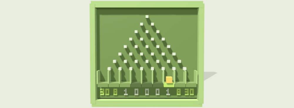 A voxel peg board with a ball falling toward the slots